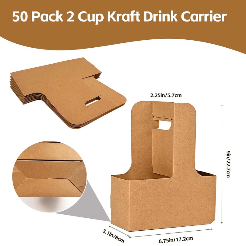 Nexboraque 50 Pack 2 Cup Kraft Drink Carrier with Handle, 2 or 4 Cup Kraft Paperboard Drink Carrier Disposable to Go Coffee Cup Holder for Hot or Cold Drinks, Food Delivery, Cafe - Image 2